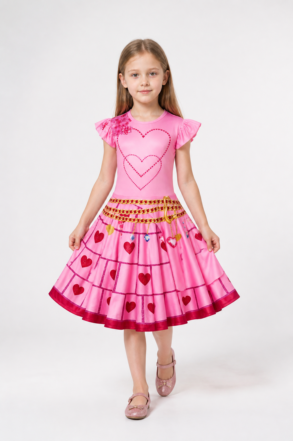 Pink Children's Red Queen Dress with Hearts Costume Dresses detail