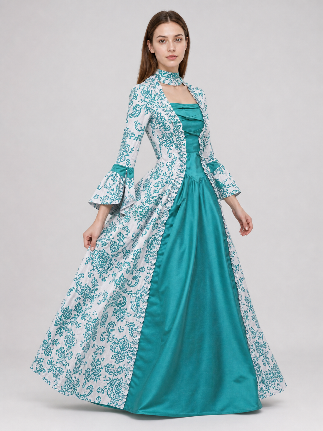 Long Dress with Pattern and Flared Sleeves