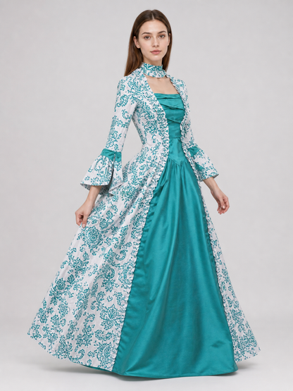 Long Dress with Pattern and Flared Sleeves