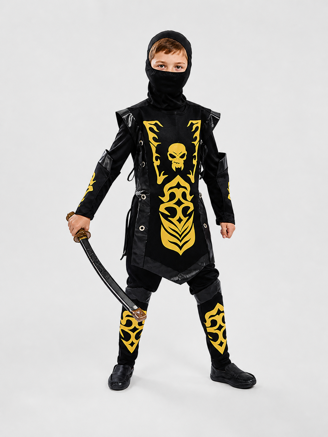 Black-and-Gold Ninja Costume with Mask and Gold Skull Costume Masks detail 2