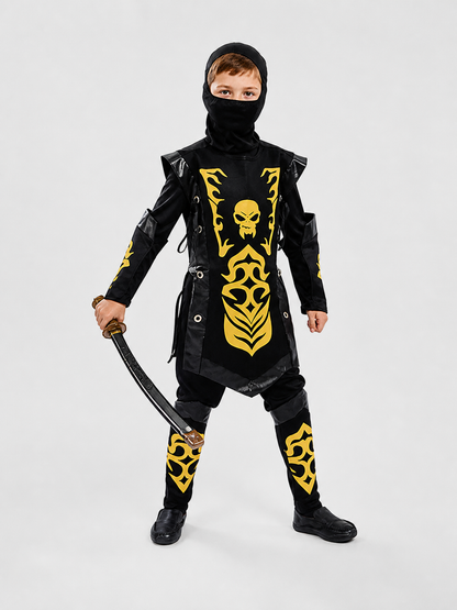 Black-and-Gold Ninja Costume with Mask and Gold Skull Costume Masks detail 2