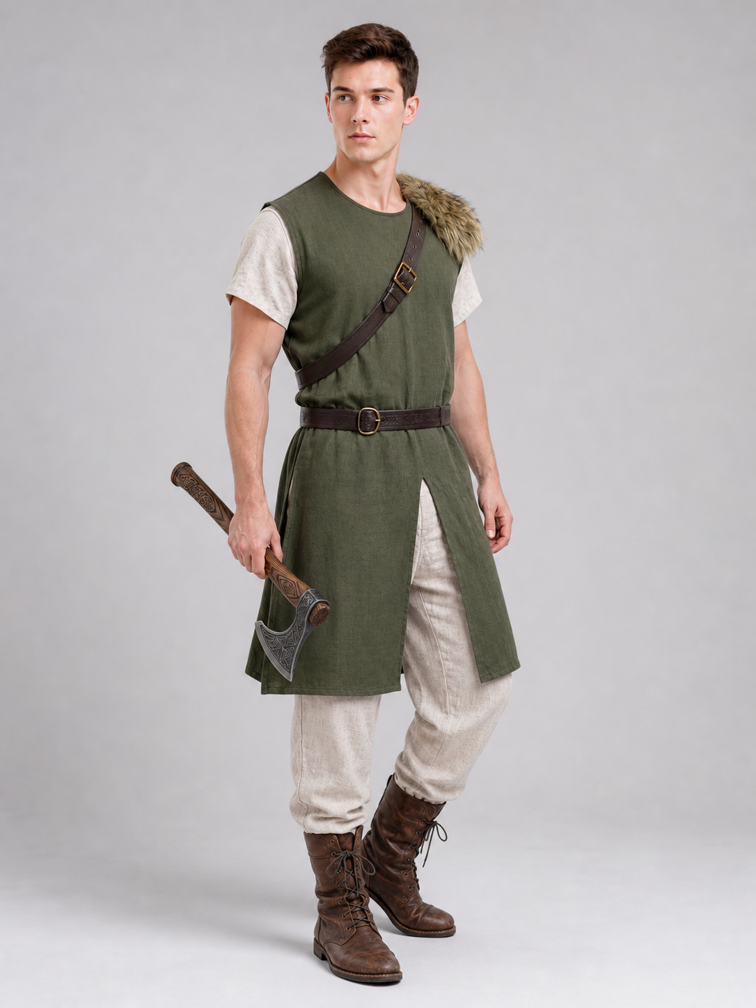 Sleeveless olive tunic with belt
