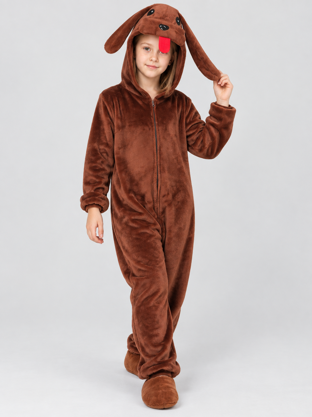 Brown Fleece Hooded Pajama Jumpsuit with Dog Design