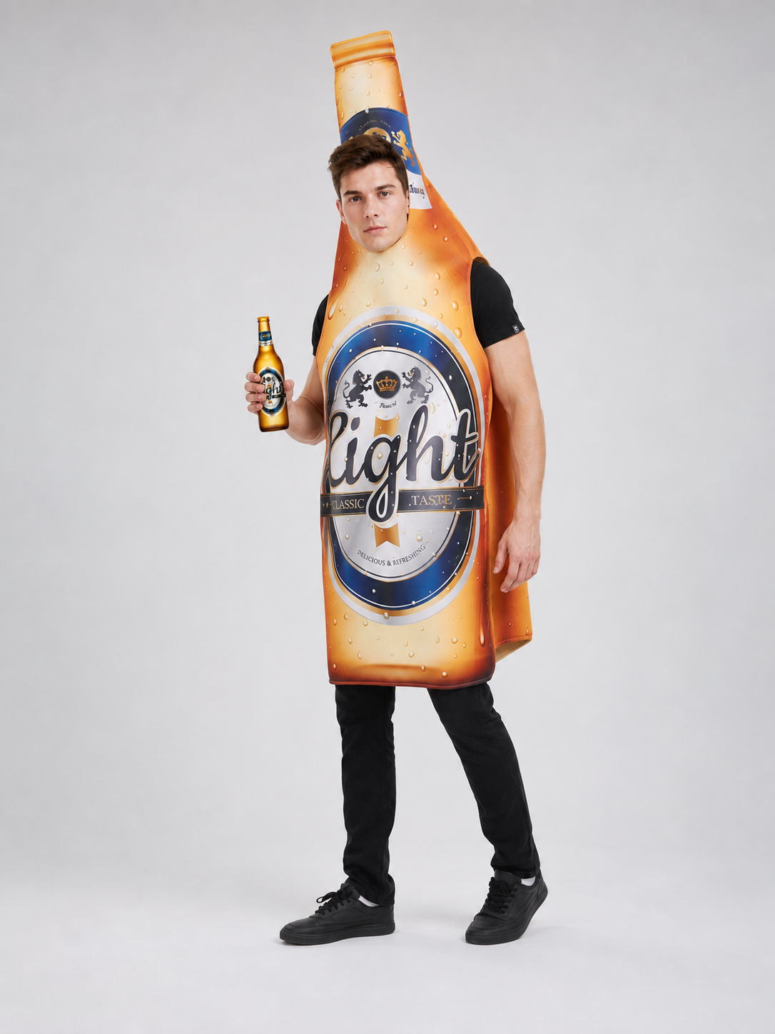 Beer bottle costume for themed celebrations and parties