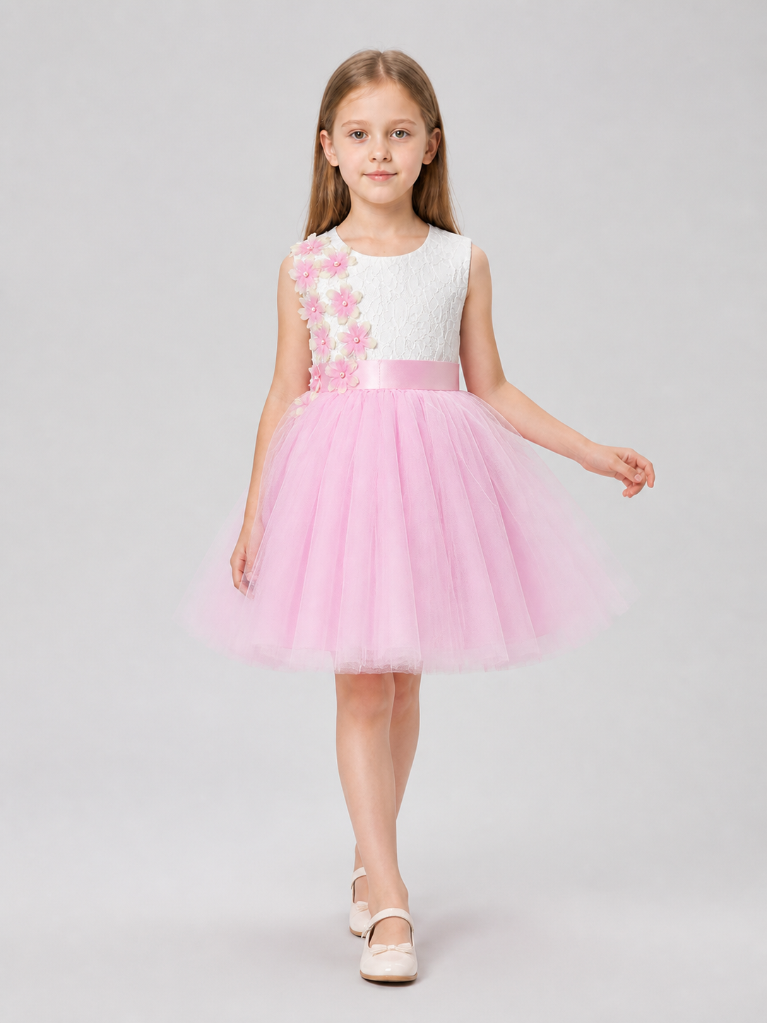 White and Pink Princess Dress with Lace and Full Skirt
