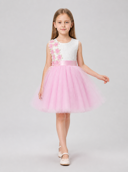 White and Pink Princess Dress with Lace and Full Skirt