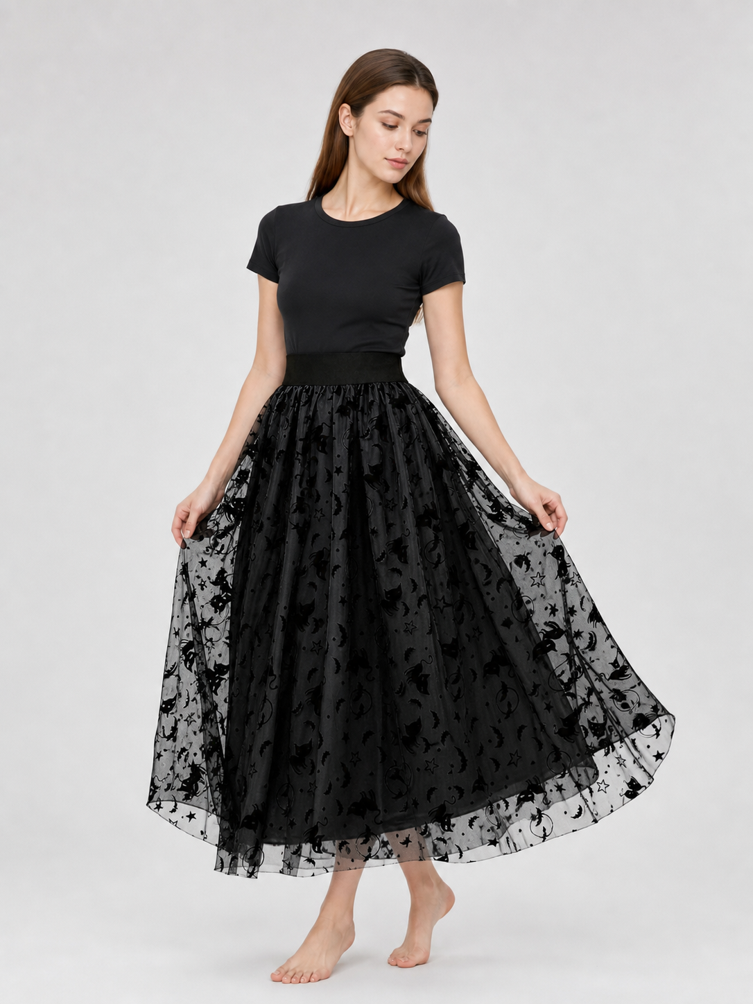 Black mesh midi skirt with bats
