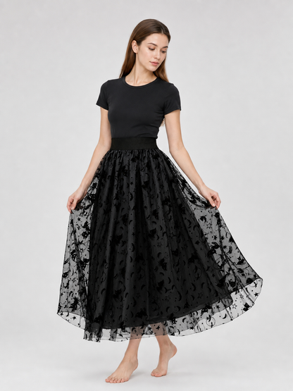 Black mesh midi skirt with bats