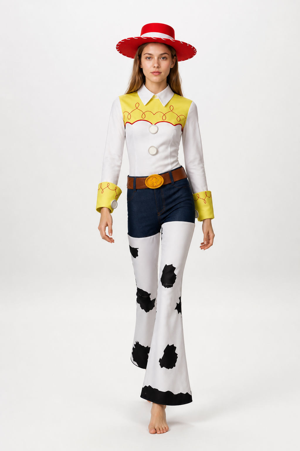 Cowboy Costume with Red Hat and White Flared Pants Costume Headwear detail 2