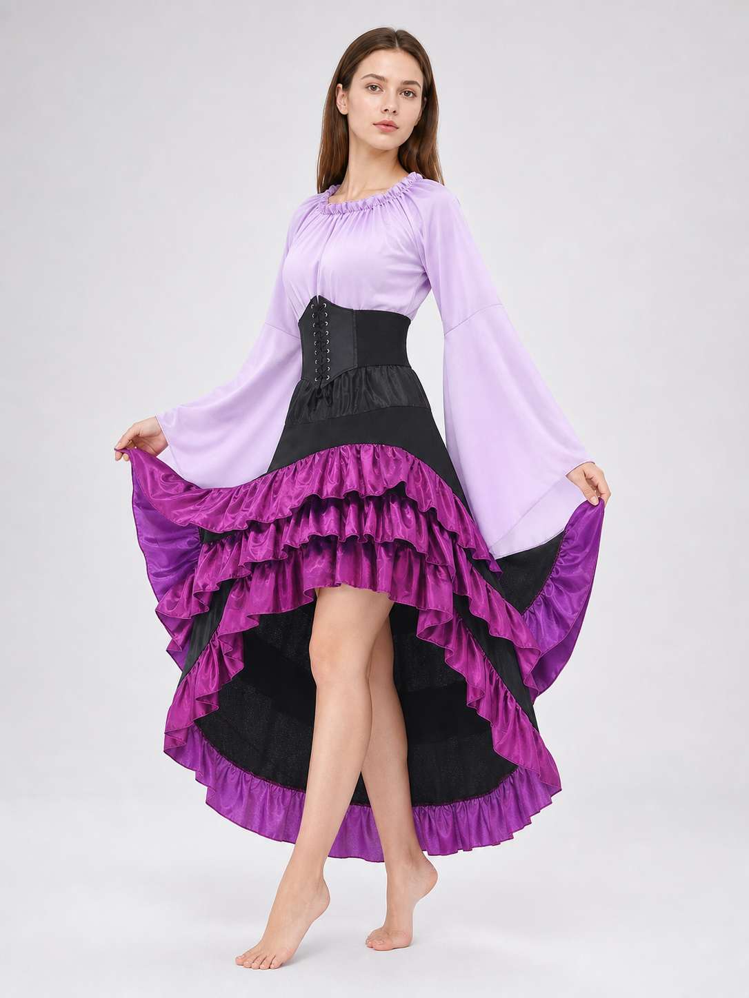 Asymmetrical Costume Dress with Ruffles and Corset Lacing