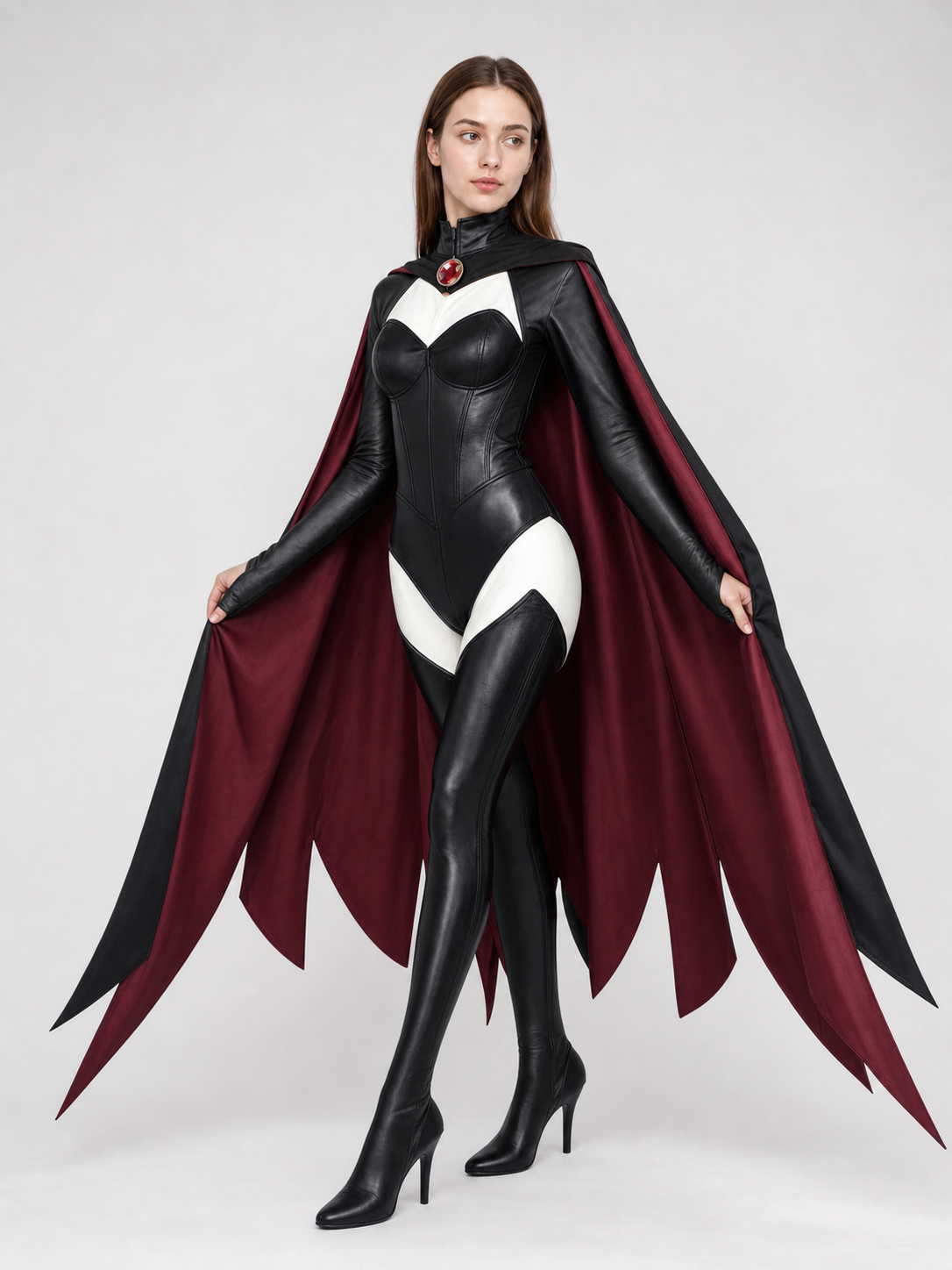 X-Men cosplay costume with cape in a black and burgundy color scheme. The set includes a one-piece costume and a cape, combined into a striking look for role-play transformations and themed events, including Halloween. The design features a