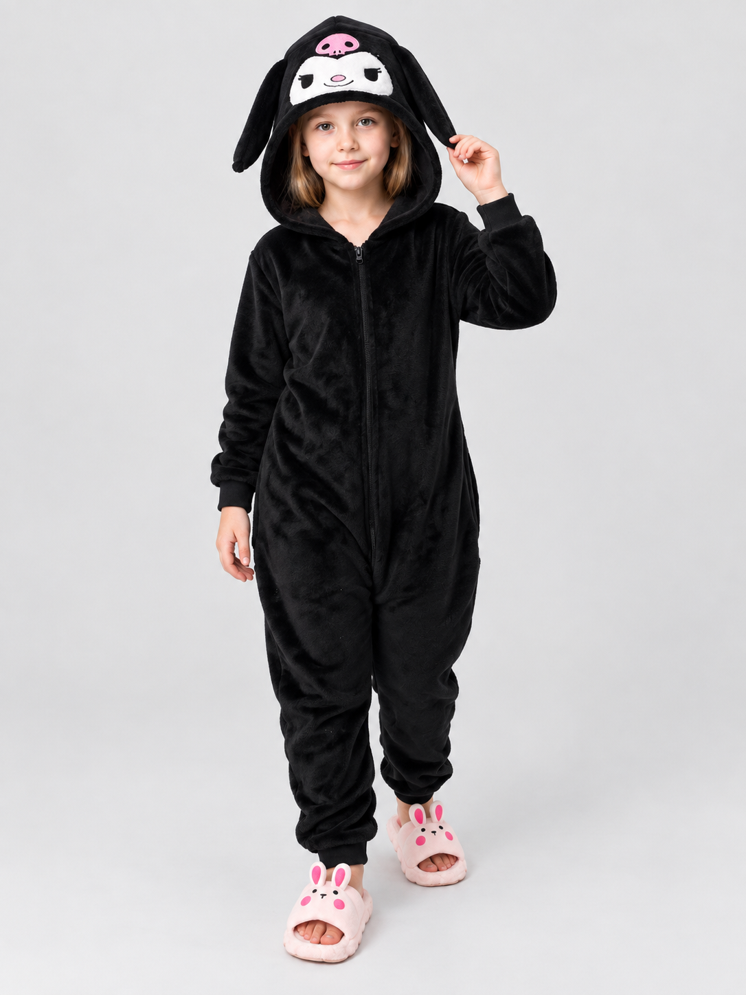 Flannel Hooded Pajama Jumpsuit with Appliqué