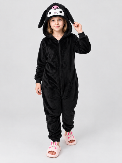 Flannel Hooded Pajama Jumpsuit with Appliqué