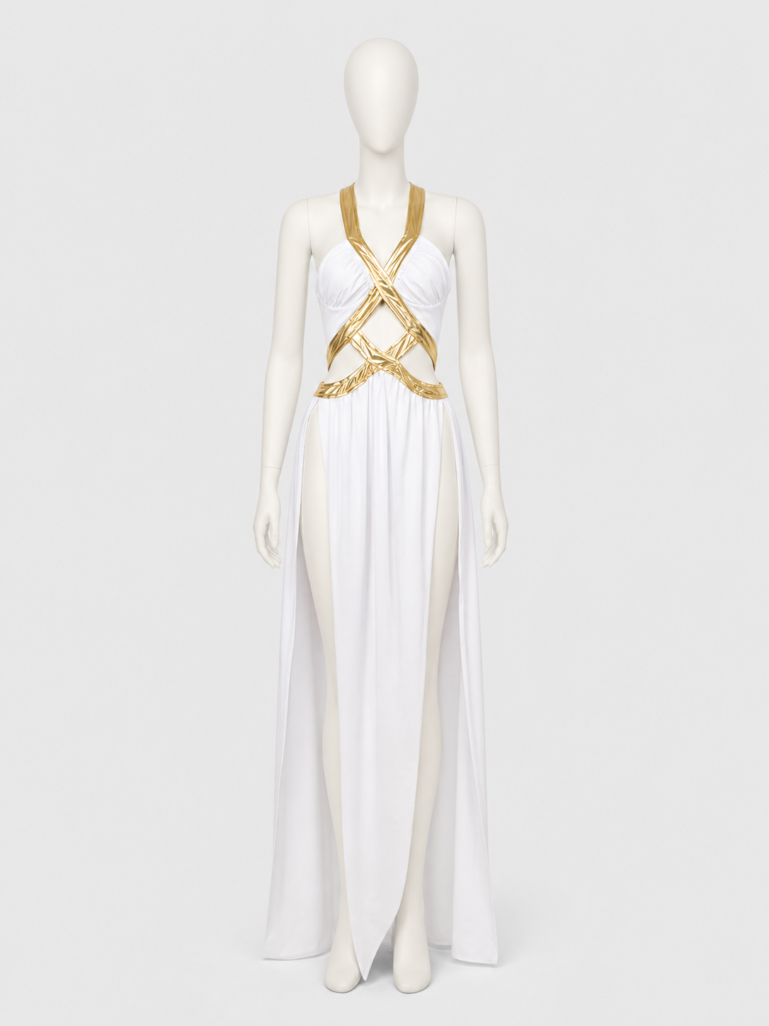 Long White-and-Gold Cosplay Dress with a High Slit