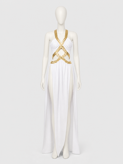 Long White-and-Gold Cosplay Dress with a High Slit