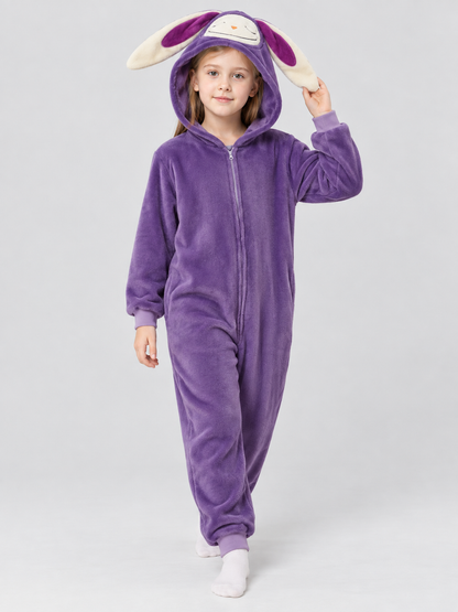 Kids' Purple Hooded Pajama Jumpsuit with Ears