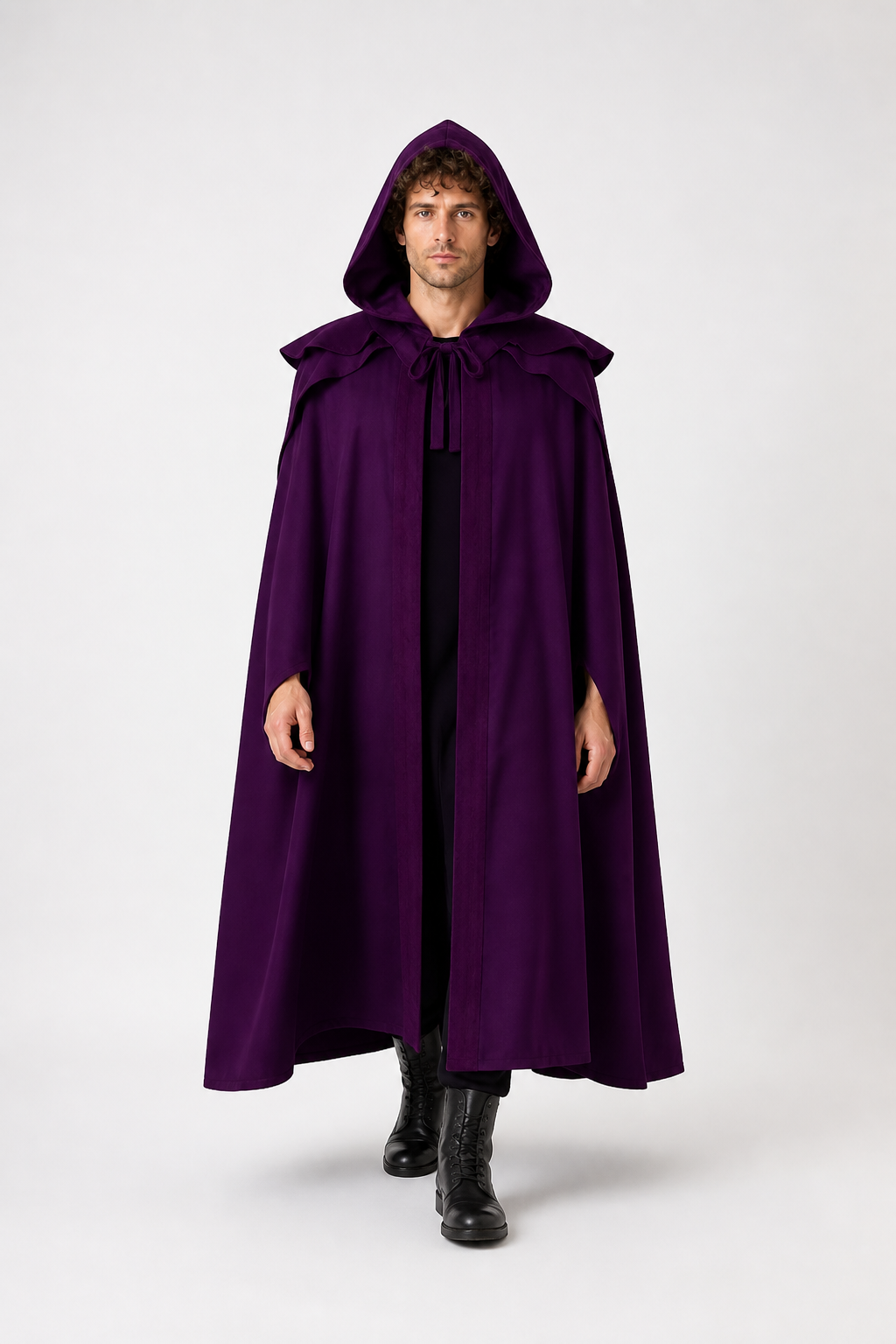 Long Purple Gothic Hooded Cloak with Ties Costume Capes detail 2