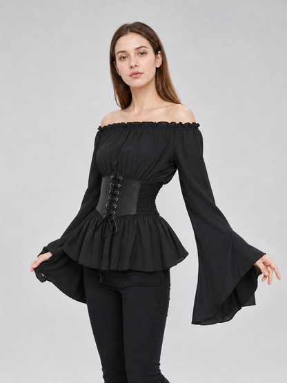Black Gothic Peplum Top with Lace-Up Belt