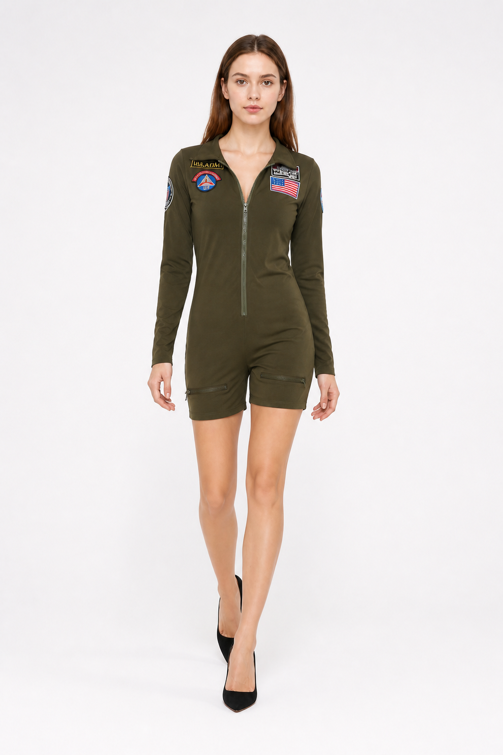 Olive Green Pilot Jumpsuit with Patches and Pockets