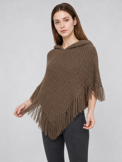 Triangle Hooded Cape with Fringe, Brown