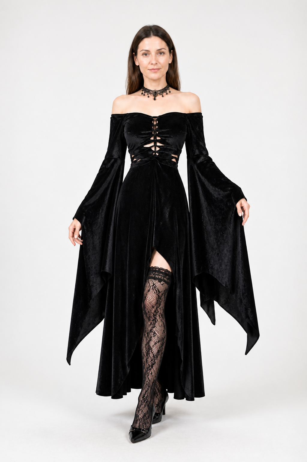 Black Gothic Dress: Off-the-Shoulder Design and Uneven Hem
