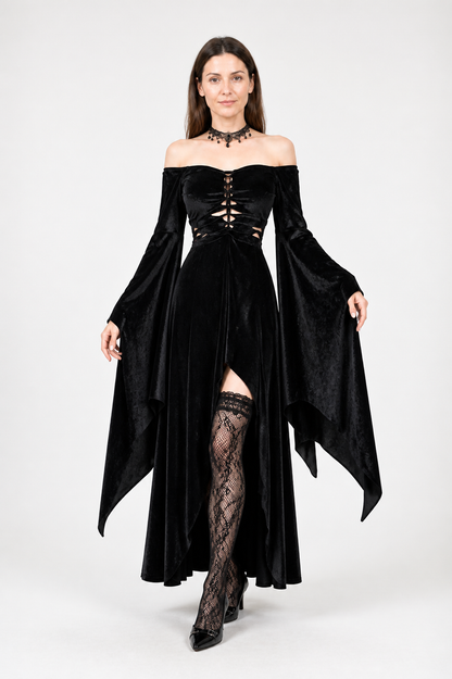 Black Gothic Dress: Off-the-Shoulder Design and Uneven Hem