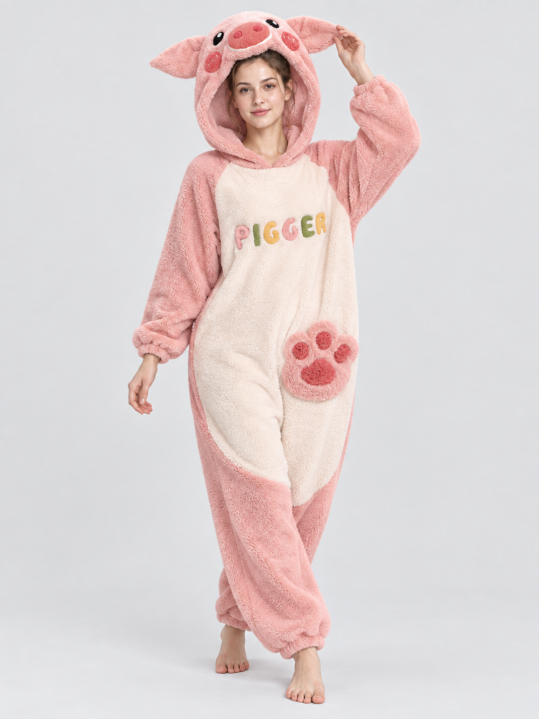 Pink and cream pig-hooded pajama jumpsuit