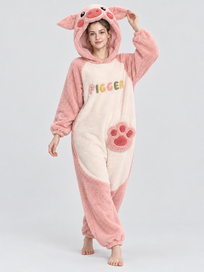 Pink and cream pig-hooded pajama jumpsuit