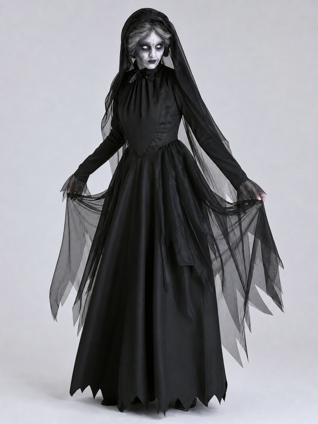 Black Gothic Hooded Dress with Tattered Details Costume Dresses detail 2