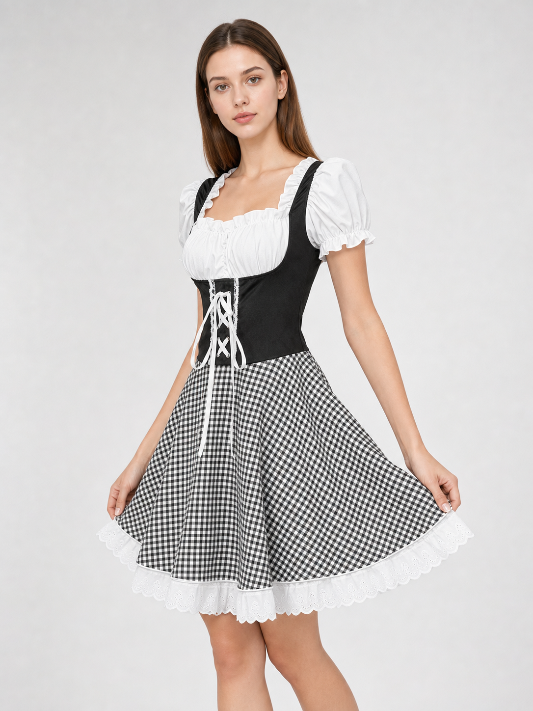 Folk-Style Costume Dress with Plaid Skirt