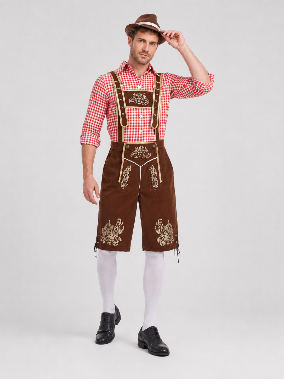 Bavarian Costume with Embroidery: Shirt, Shorts, and Hat Costume Headwear detail 2