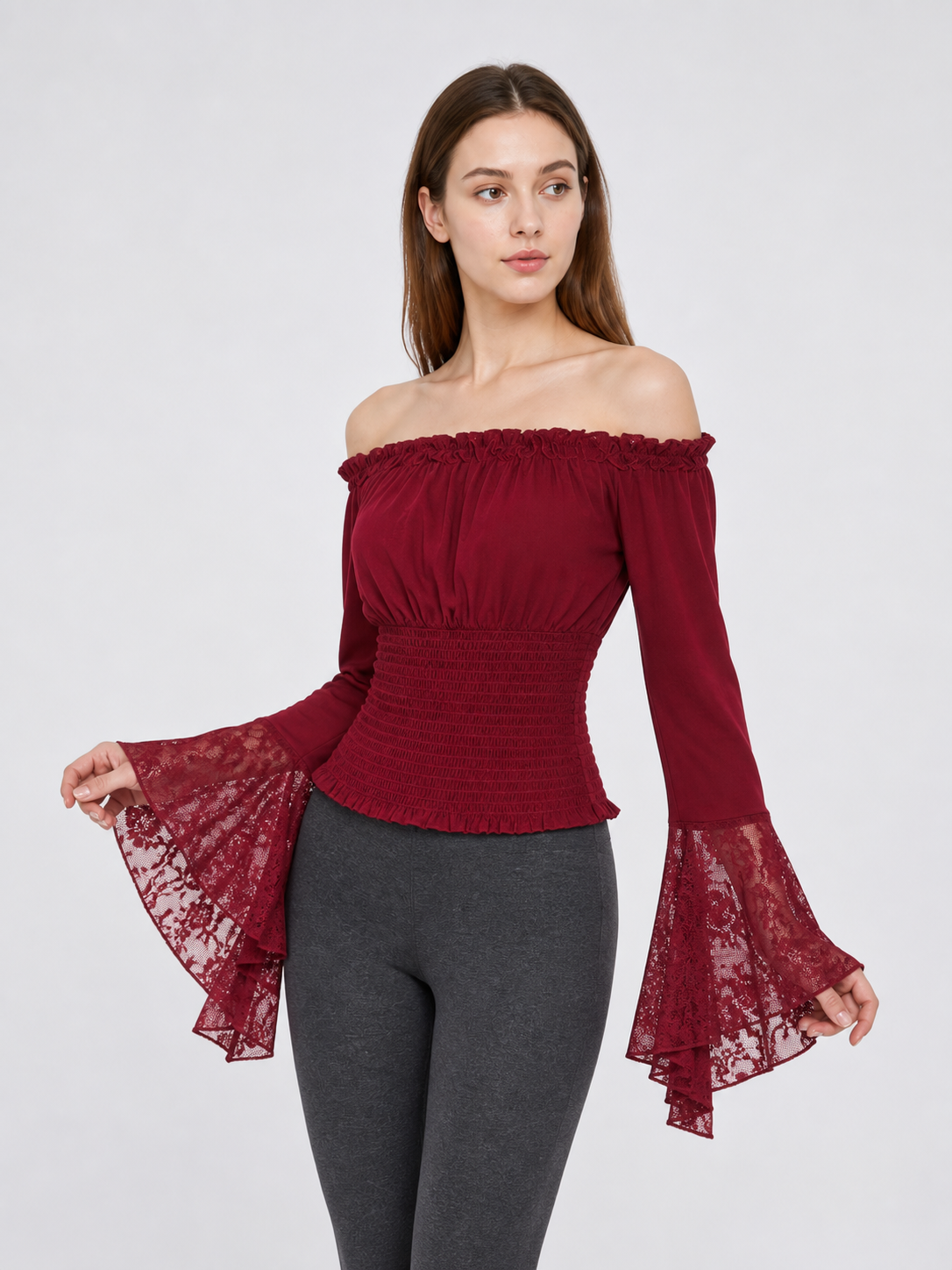 Off-Shoulder Blouse with Lace Cuffs