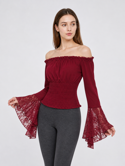 Off-Shoulder Blouse with Lace Cuffs
