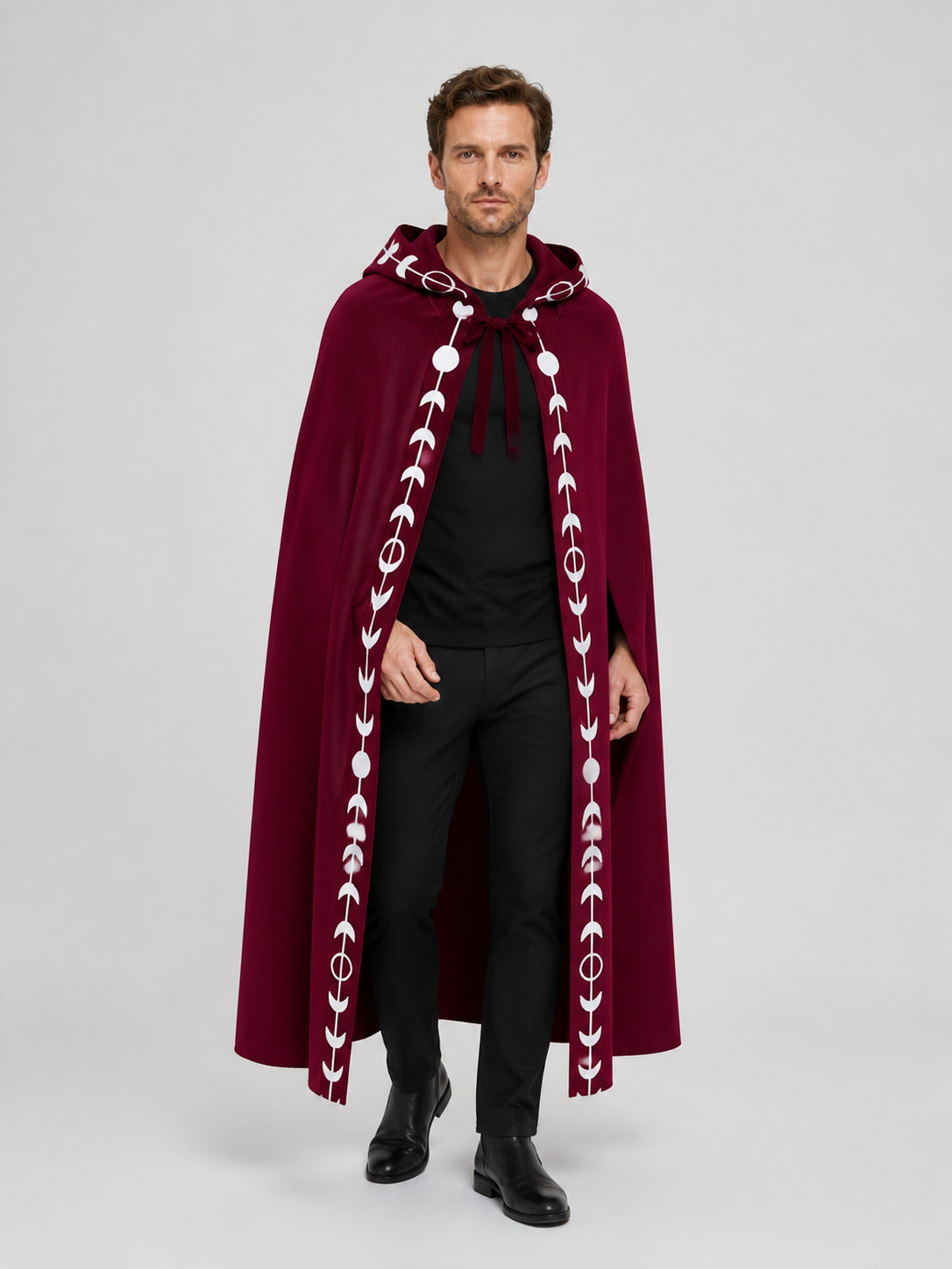 Halloween: Red Hooded Cloak of Death with Moon Pattern Costume Capes detail