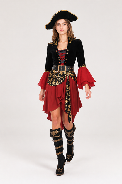 Pirate Costume with Gold Skull and Wine-Colored Skirt Costumes detail 2