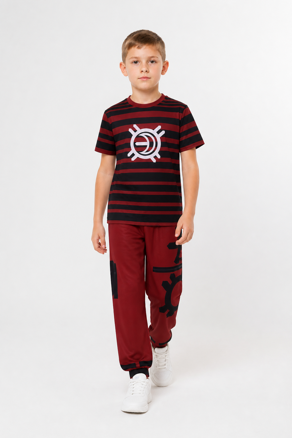 Victor Costume from Zombie High: Red-and-Black T-Shirt and Pants on-model alternate view