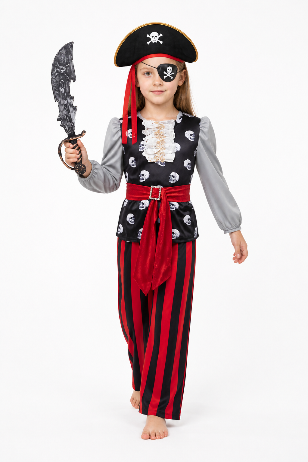 Black and Red Pirate Costume with Hat, Sword, and Eye Patch Costume Headwear detail 2