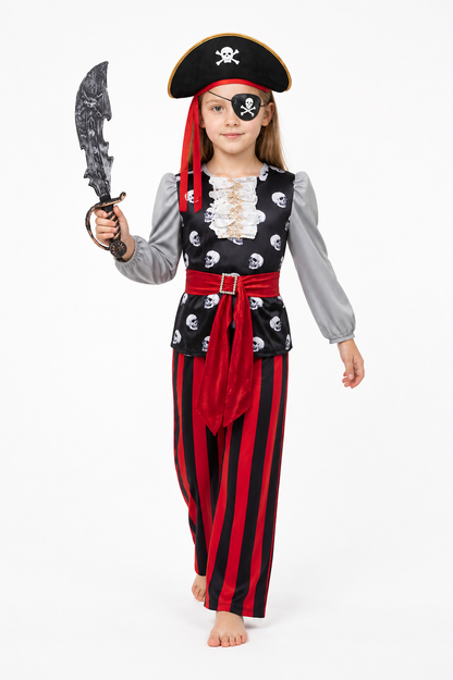 Black and Red Pirate Costume with Hat, Sword, and Eye Patch Costume Headwear detail 2