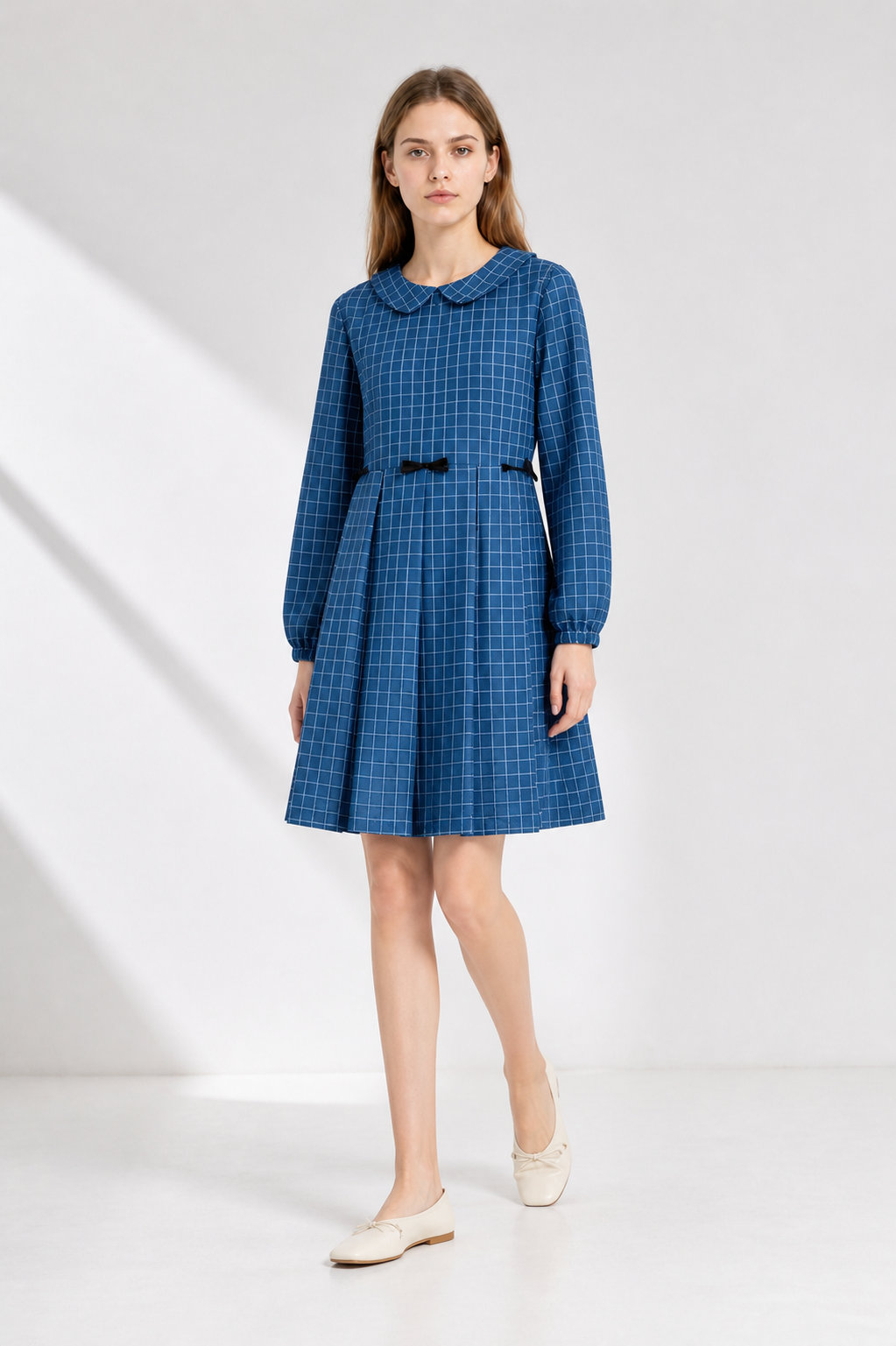 Blue Plaid Dress with Bows and Long Sleeves