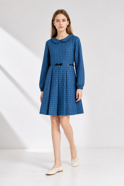 Blue Plaid Dress with Bows and Long Sleeves