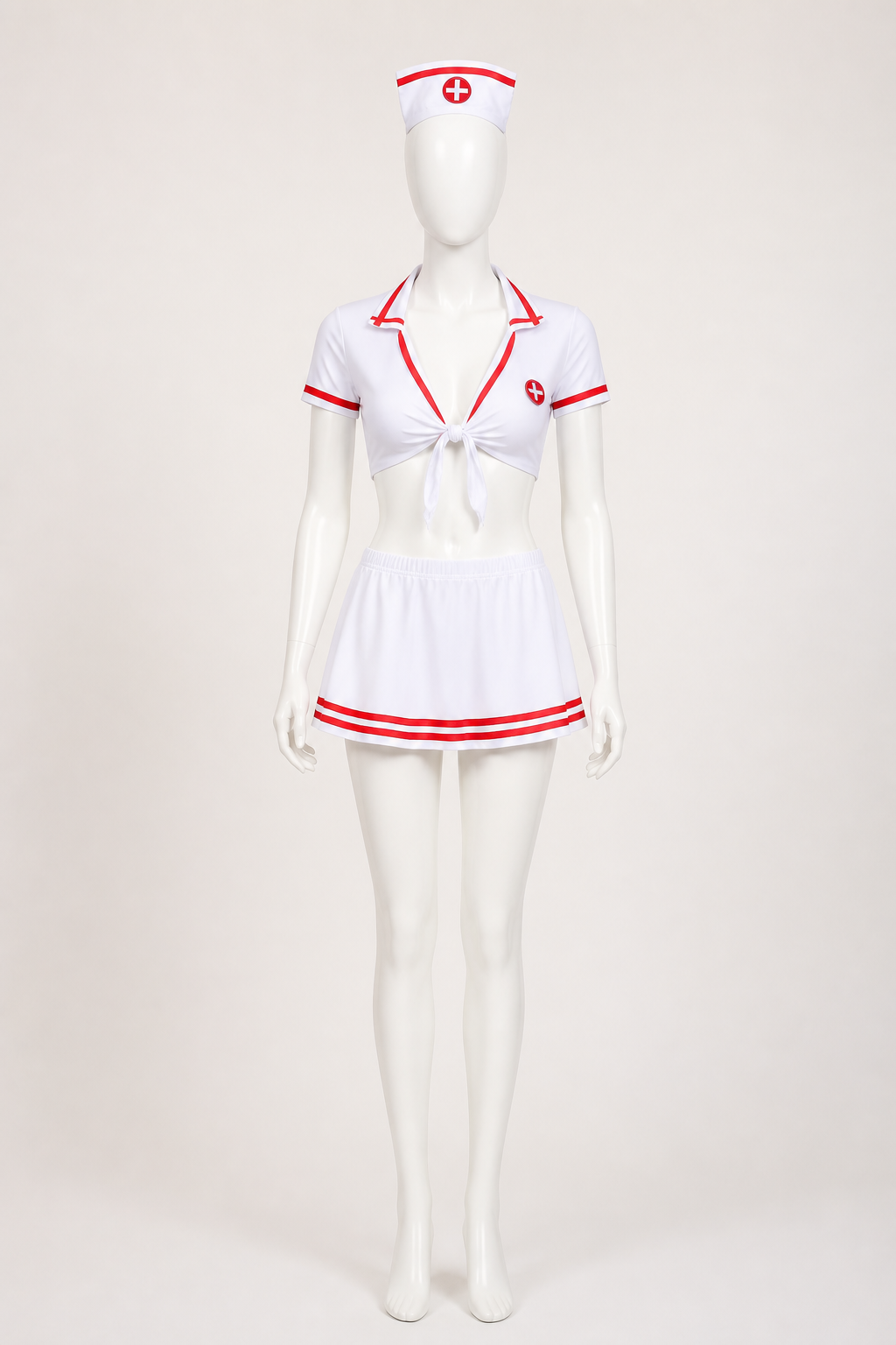 White Nurse Costume with Red Shoulder Wrap Costumes detail
