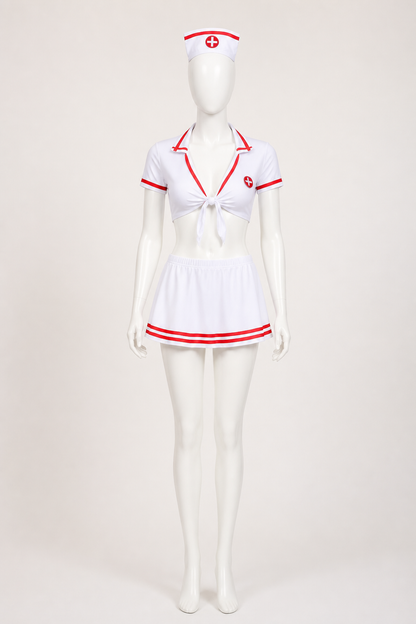 White Nurse Costume with Red Shoulder Wrap Costumes detail
