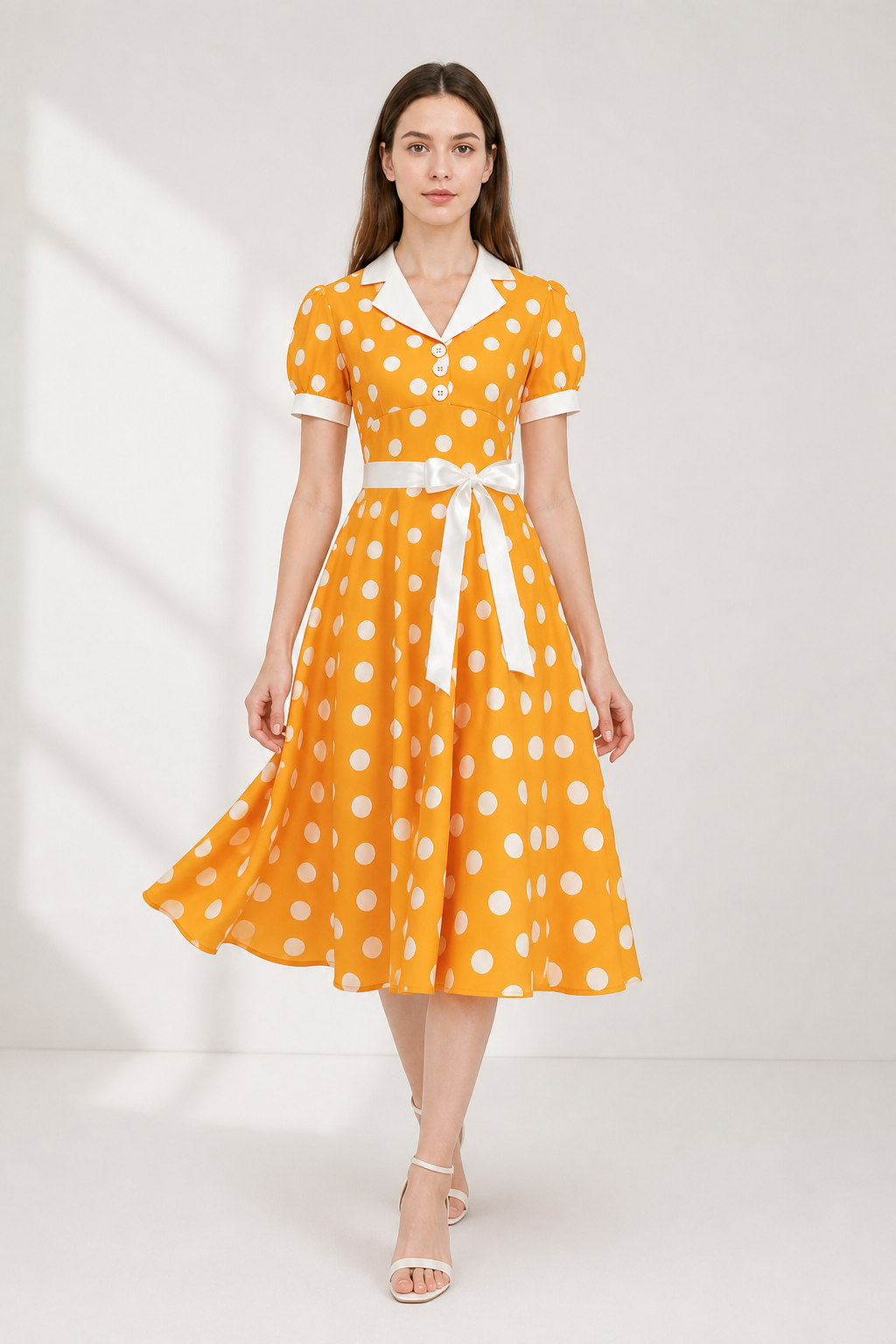 Polka Dot Dress with a Turn-Down Collar and Belt Costume Dresses detail 2
