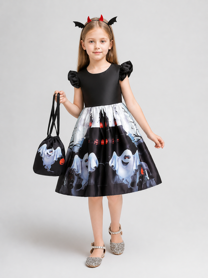 Halloween Dress with Pumpkin, Castle, and Ghost Prints