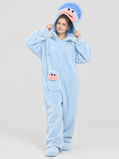 Coral Fleece Pajama Jumpsuit with Cartoon Print