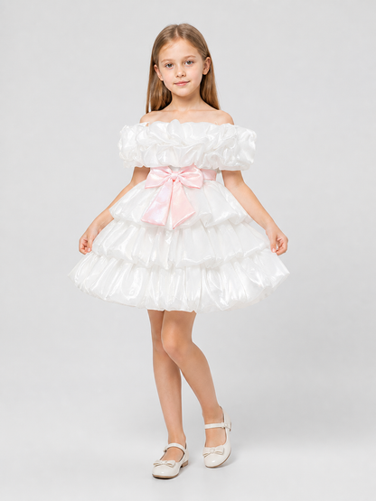 White Princess Dress for Girls with a Pink Bow Costume Dresses detail 2