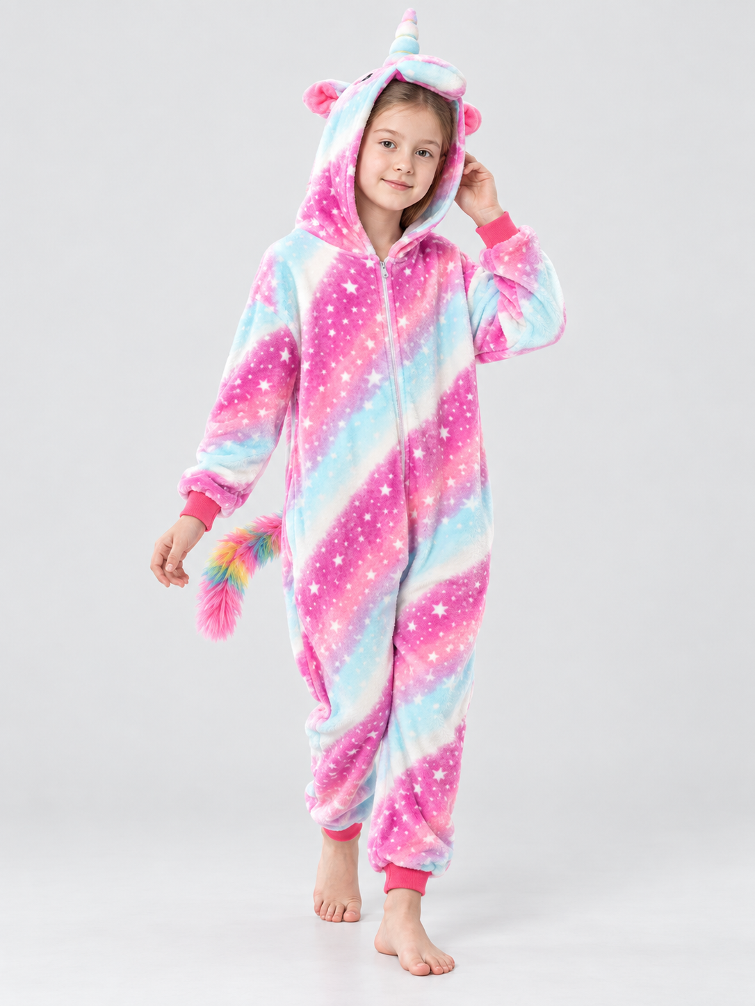 Hooded Pajama Jumpsuit with Ears and Star Print