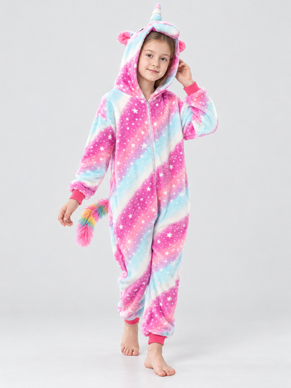 Hooded Pajama Jumpsuit with Ears and Star Print