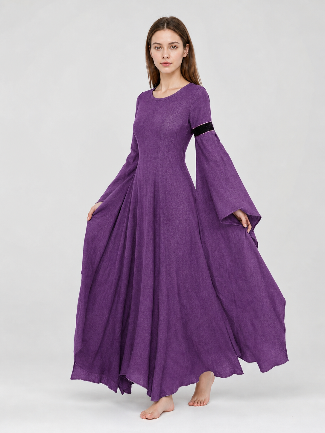 Purple Floor-Length Dress with Long Sleeves