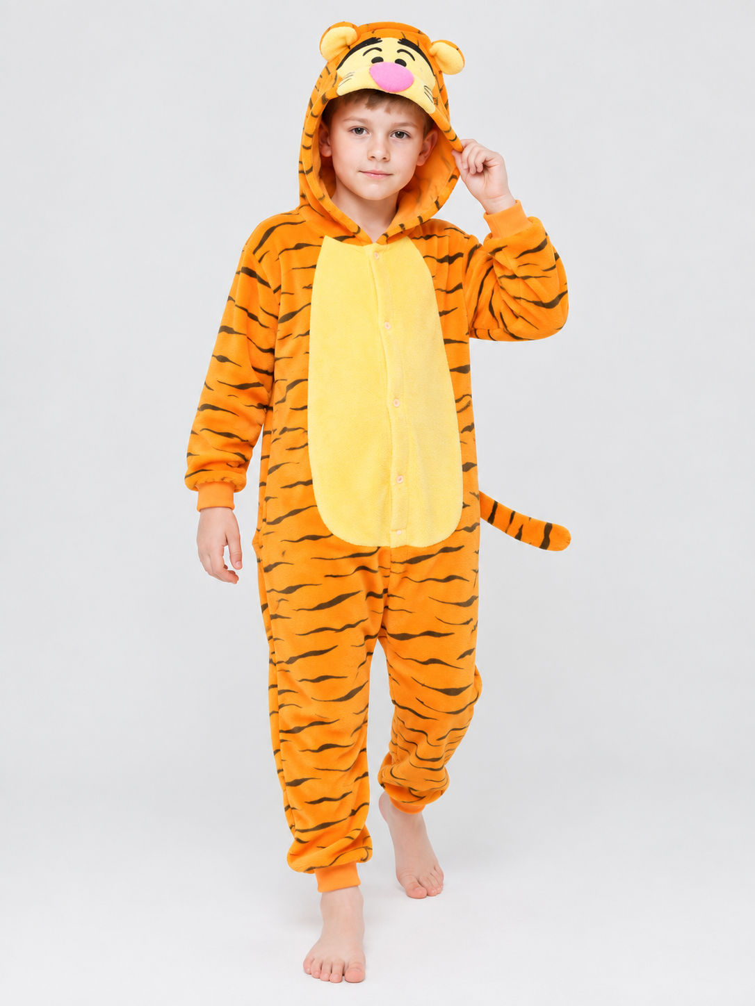 Flannel Pajama Jumpsuit with Tiger Hood and Tail